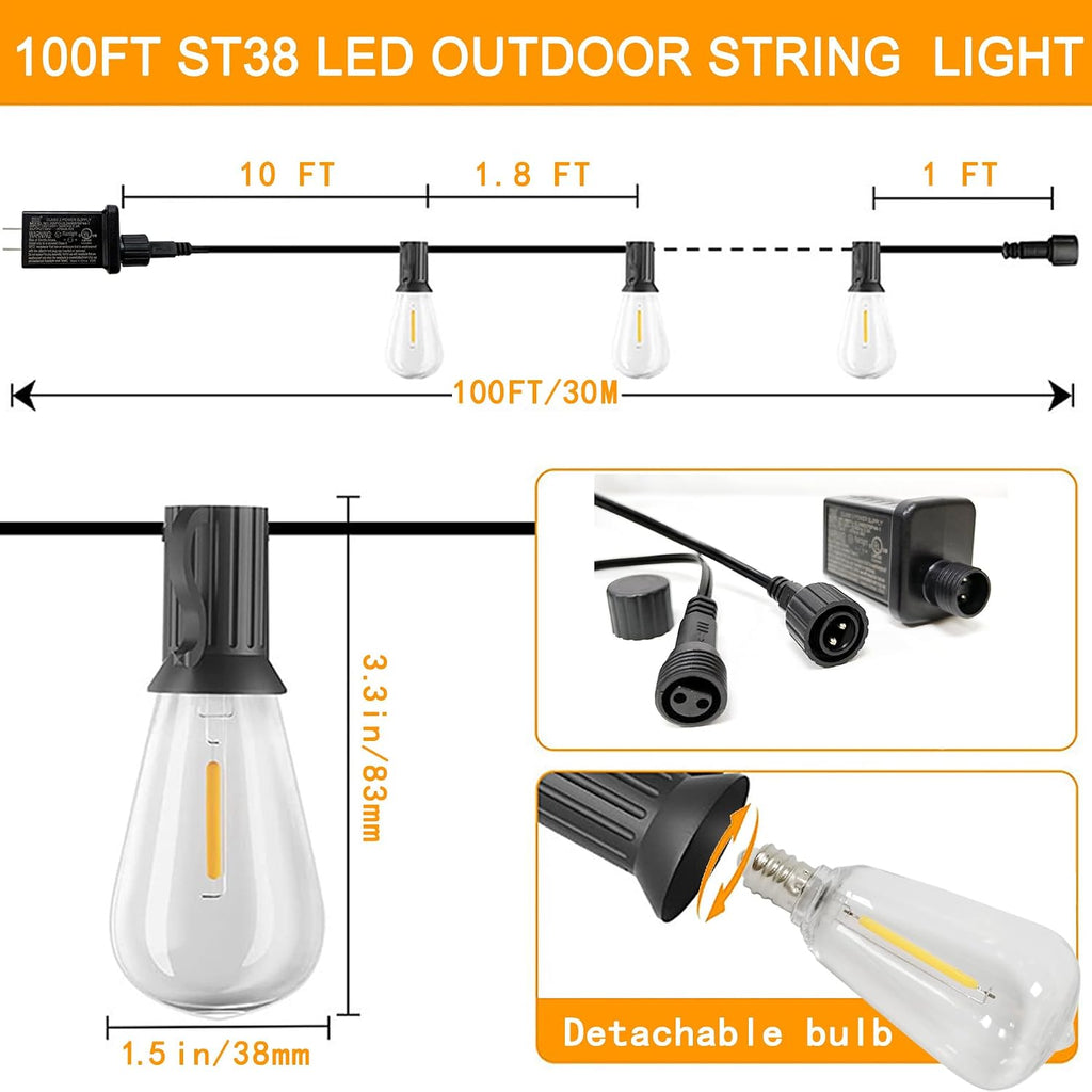 Outdoor LED String Lights with 100 Feet 52 Edison Plastic Bulbs(2 Spare), Waterproof Hanging Lights for Patio Backyard Porch Balcony Party Christmas Decoration
