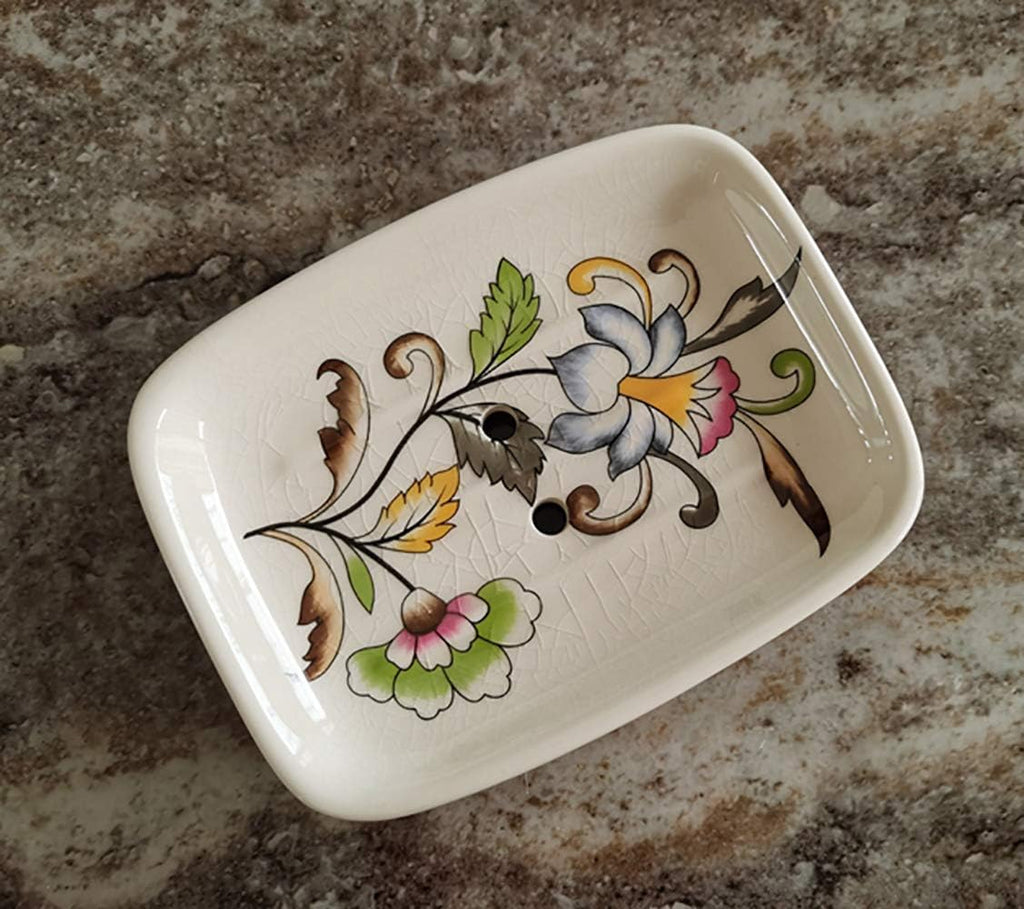 Kelake Ceramic Soap Dish Creative Ice Crack Ceramic Clorful Flower Pattern Soap Dish Holder for Bathroom and Shower Soap Tray Box with Drain Gift for Mum Family