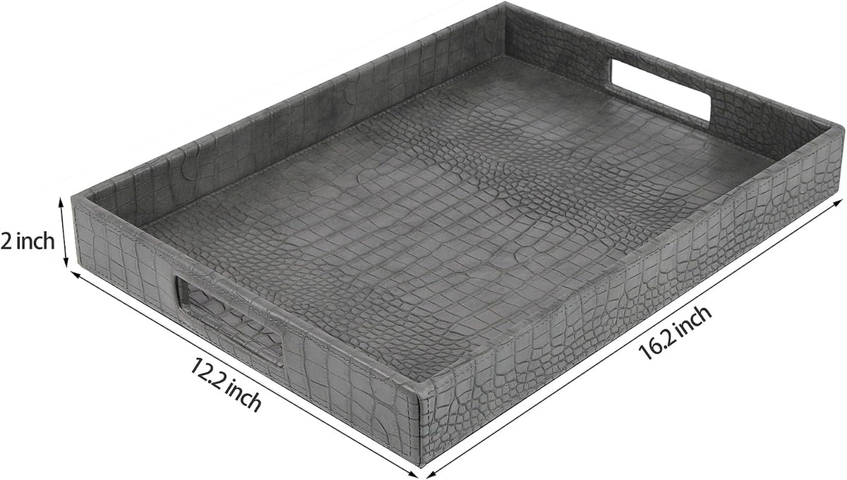 HofferRuffer Rectangle Serving Tray with Hole Handles for Coffee Table, Breakfast, Tea, Food, Butler - Countertop, Kitchen, Vanity Serve Tray, 16.2 x 12.2 x 2 inches, Faux Leather Tray (Dark Grey)
