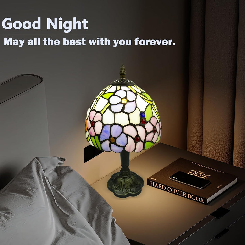 Small Tiffany Style Stained Glass Table Lamp, 8 Inch, Flower Pattern