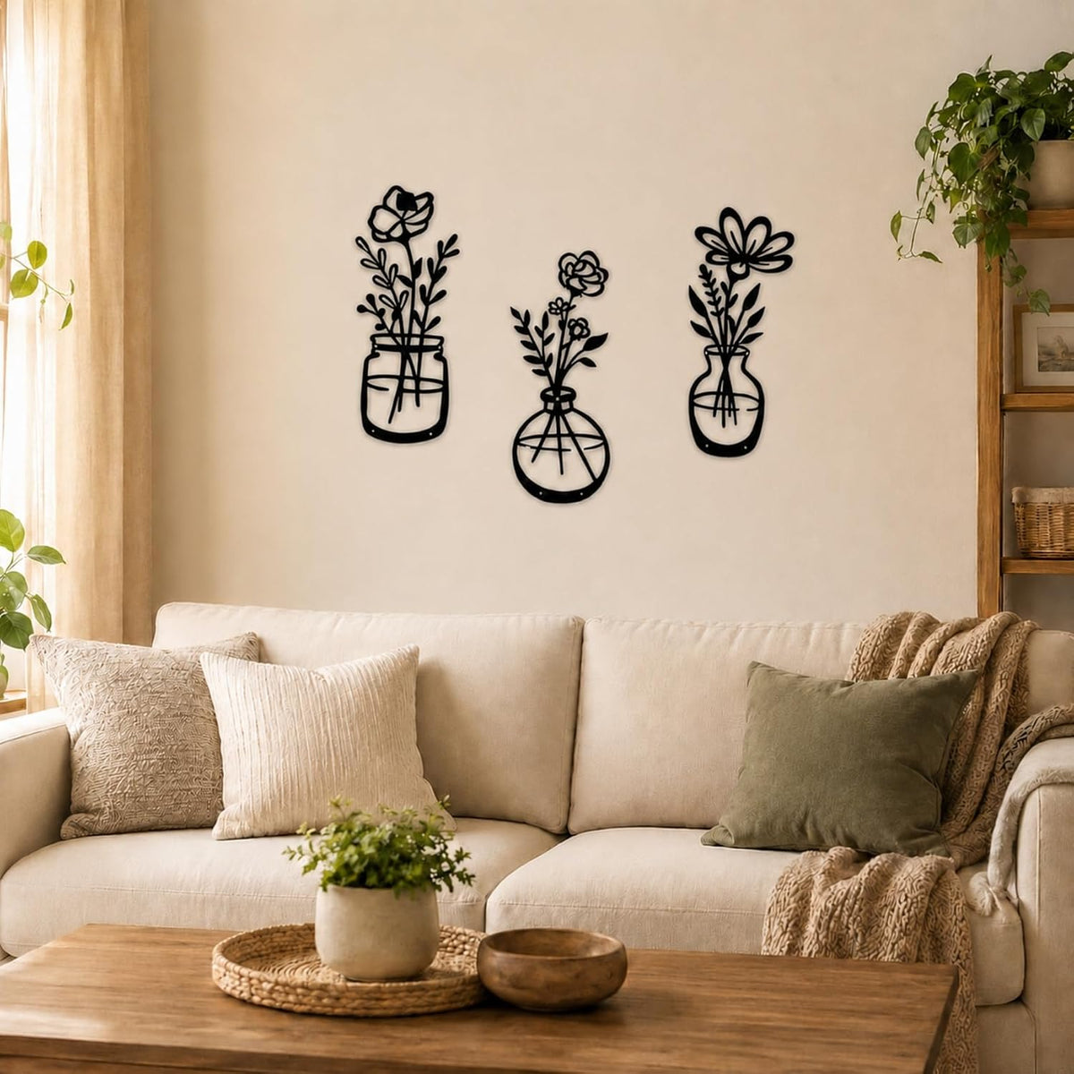 qzmaikoo 3 Pieces Black Metal Flower Wall Decor, Floral Vase Wall Art, Farmhouse Metal Wall Hanging for Bathroom Kitchen Bedroom Hallway