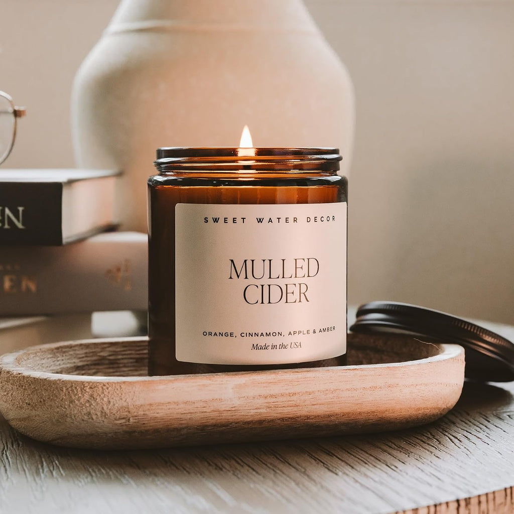 Sweet Water Decor Mulled Cider Candle, 9oz Amber Glass Jar, Fall Winter