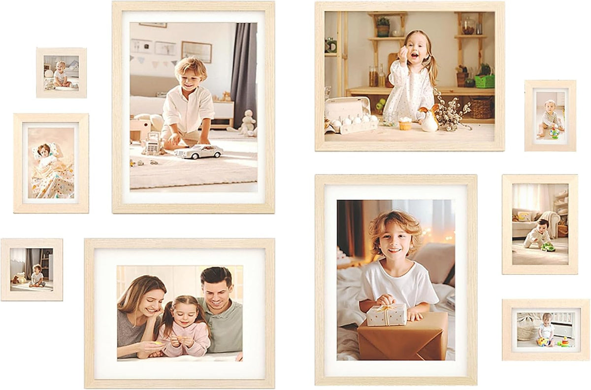 Egofine Picture Frame Set 10 Pack, Picture Frames Collage Wall Decor with Two 12x16,Two 11x14,Two 5x7,Two 4x6,Two 4x4 for Wall and Tabletop, Made of Solid Wood, Covered by Plexiglass, Natural Wood