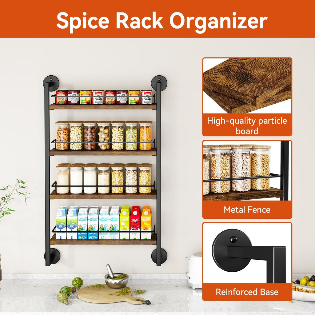 IBUYKE 4 Tier Spice Rack Wall Mount for Kitchen,Brown TLJ016H