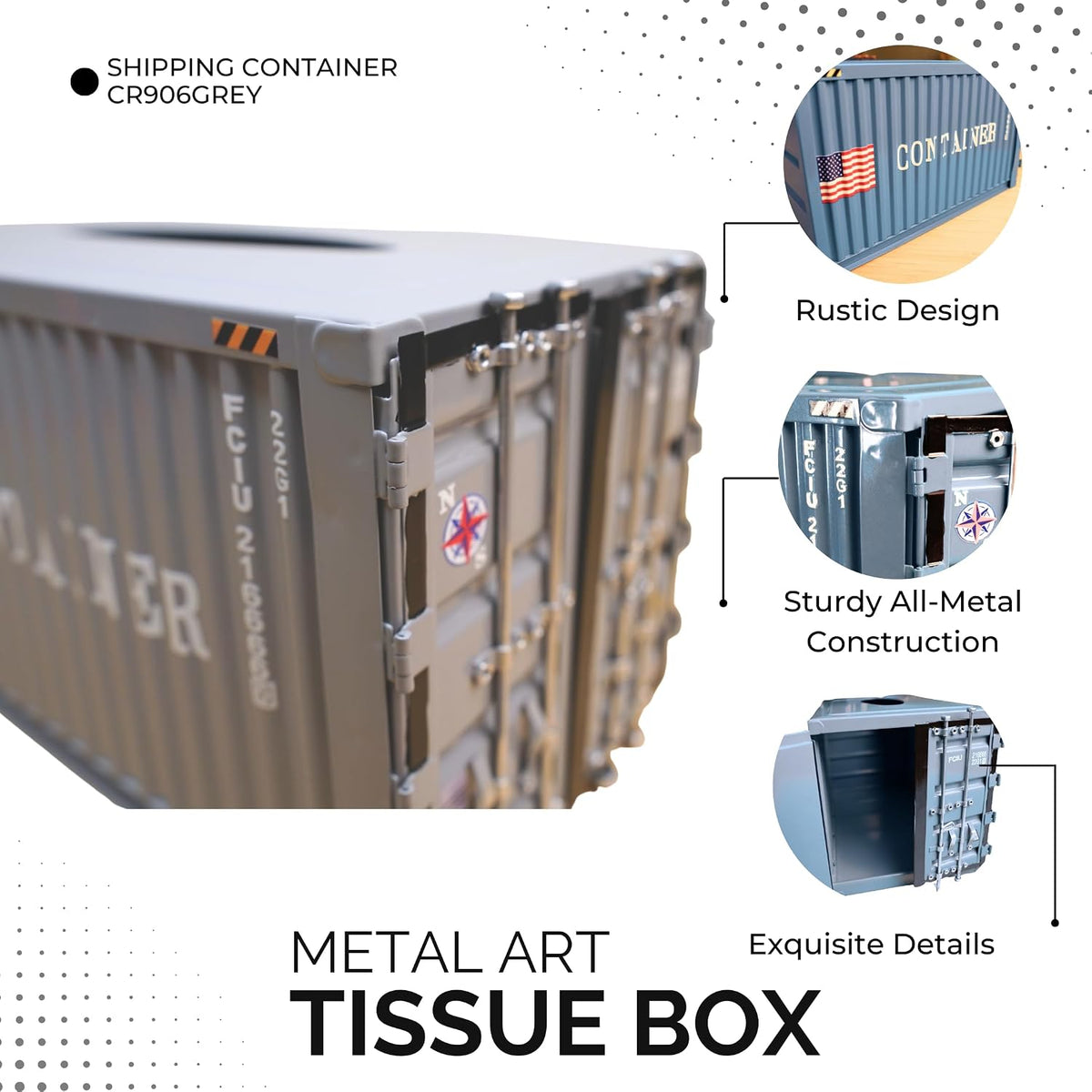 Shipping Container Tissue Box Cover – Sturdy All-Metal Construction, Fits XL US Tissue Boxes – Industrial Decor for Homes, Offices, Restaurants & Man Caves (Cement Grey)