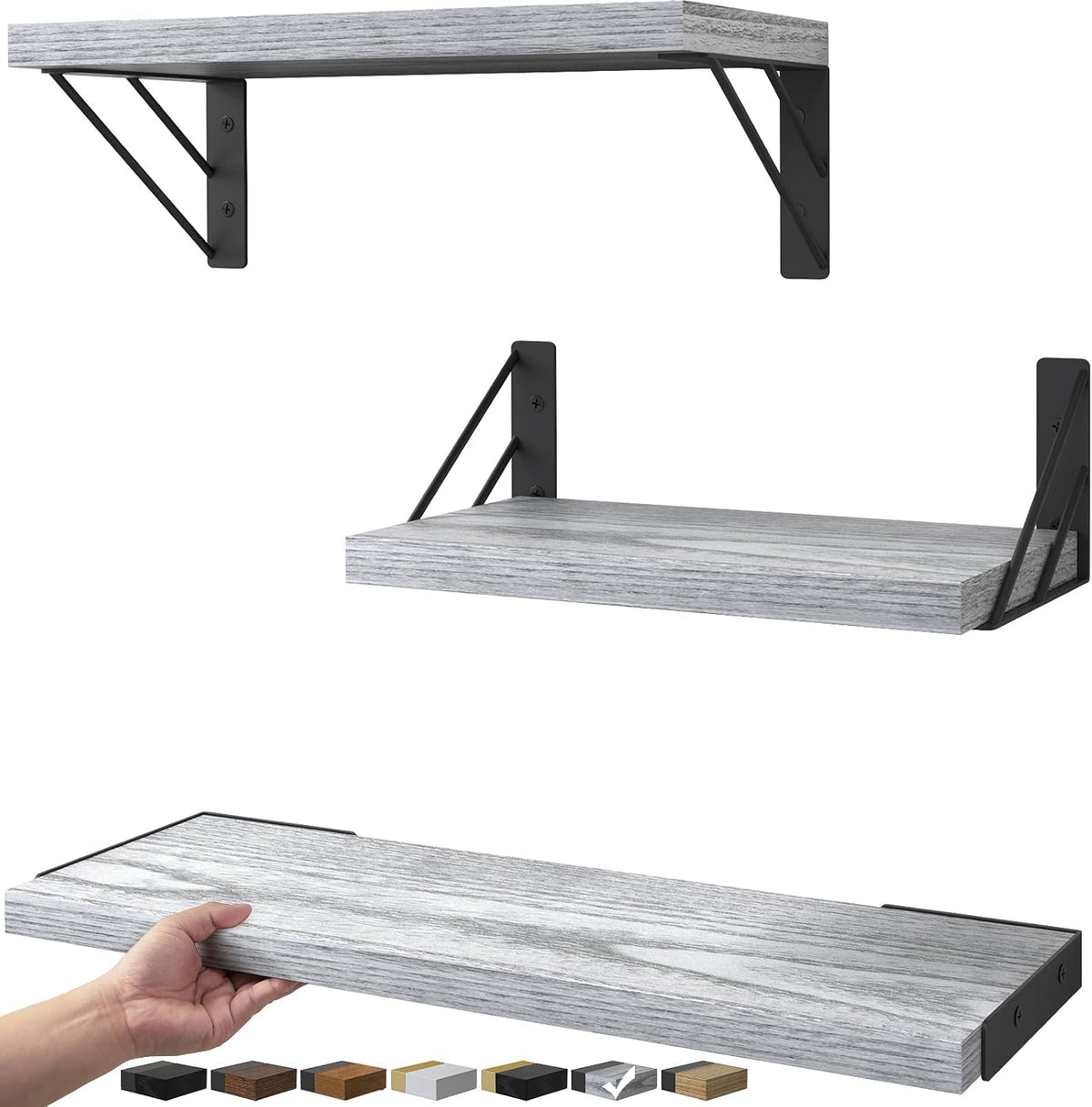 BAYKA Wall Mounted Floating Shelves (Gray and White, Set of 3, 16" Mixed)