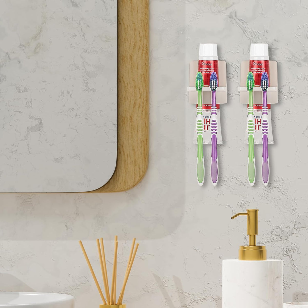 2 PCS Self-Adhesive Toothbrush Holders Wall Mounted, Water Proof Toothbrush Hook, 3 in 1 with Toothbrush Hanger Toothpaste Holder and Gargle Cup Holder for Bathroom Shower (Beige)