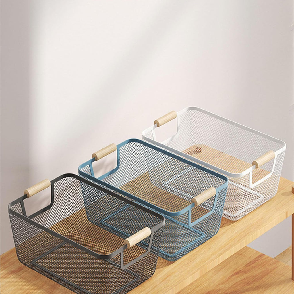 AJIODA Metal Mesh Steel Basket, Medium Wire Storage Organizer Basket Multi-function Hanging Kitchen Basket with Wood Handle for Kitchen Bathroom Picnic Home, Rectangle-Blue