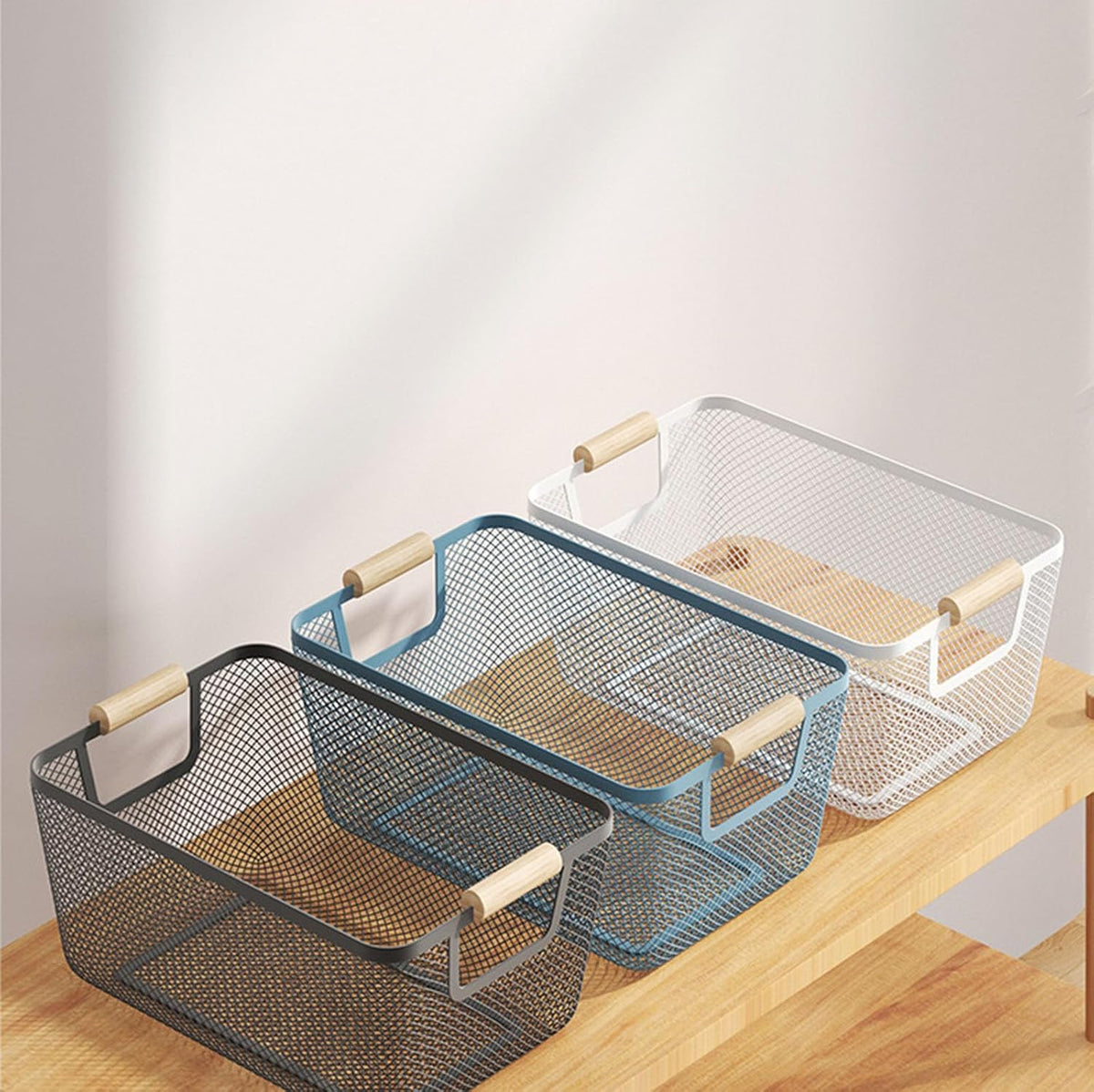 AJIODA Metal Mesh Steel Basket, Medium Wire Storage Organizer Basket Multi-function Hanging Kitchen Basket with Wood Handle for Kitchen Bathroom Picnic Home, Rectangle-Blue
