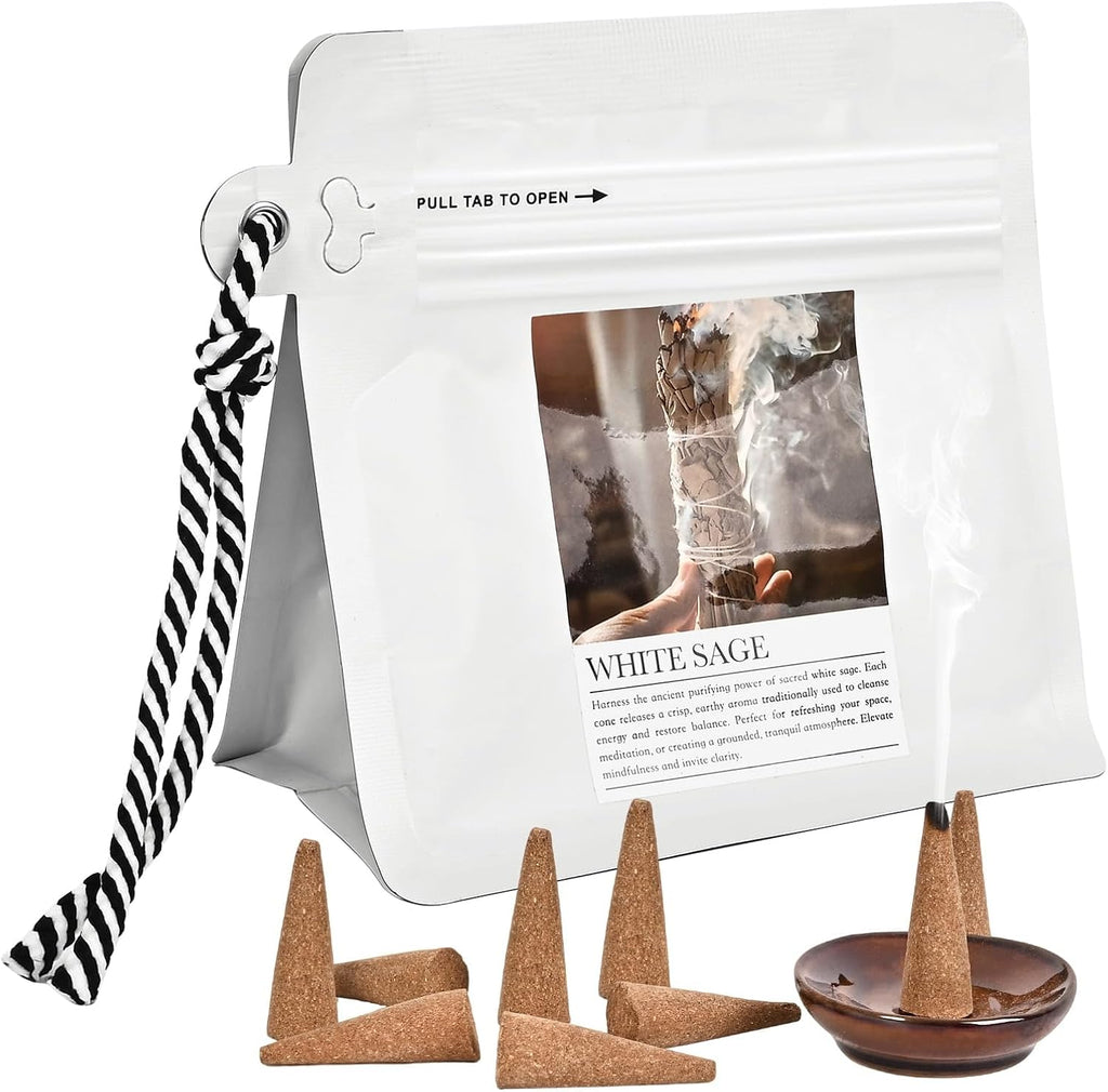 White Sage Incense Cones 30 Pcs Count with Holder - Smudging Incense for Positive Energy & Spiritual Cleansing