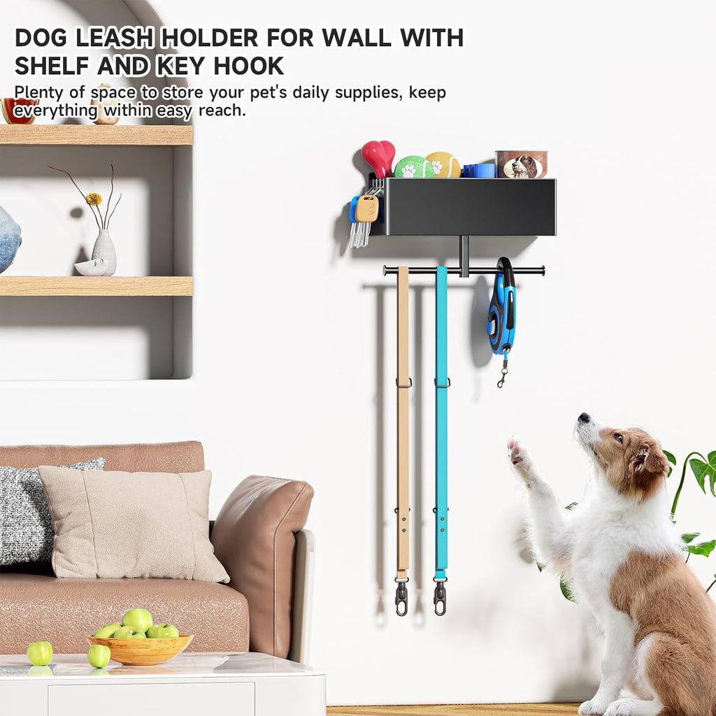 Dog Leash Holder for Wall, Dog Leash Hooks, Pet Stuff Organizer with Shelf Storage, Metal Key Holder, Leash Hangers Organizer Rack for Pet Collar, Toys, Treats, Poop Bag (Black)