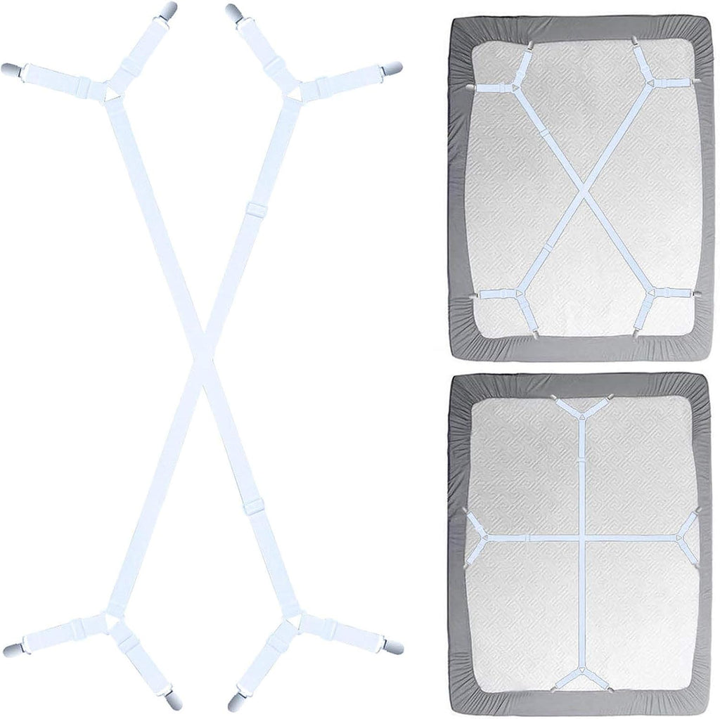 Sheet Fasteners Suspenders Straps - Adjustable Crisscross Bed Sheets Holder Clips Elastic Band Sheet Keeper Stays Grippers,2Pcs/Set White