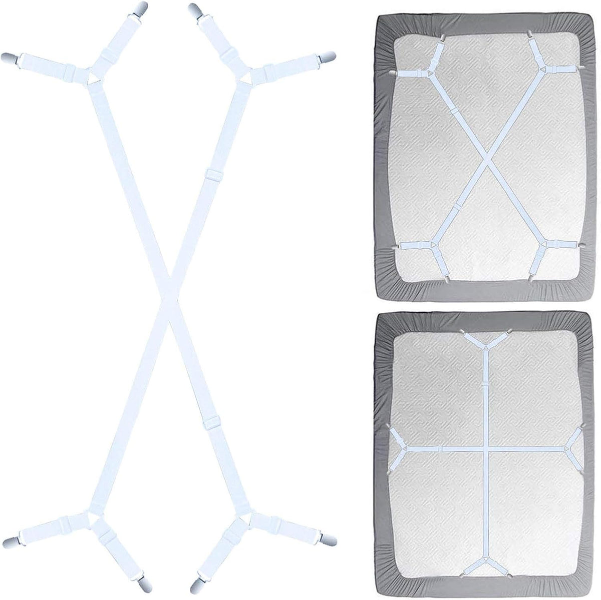 Sheet Fasteners Suspenders Straps - Adjustable Crisscross Bed Sheets Holder Clips Elastic Band Sheet Keeper Stays Grippers,2Pcs/Set White