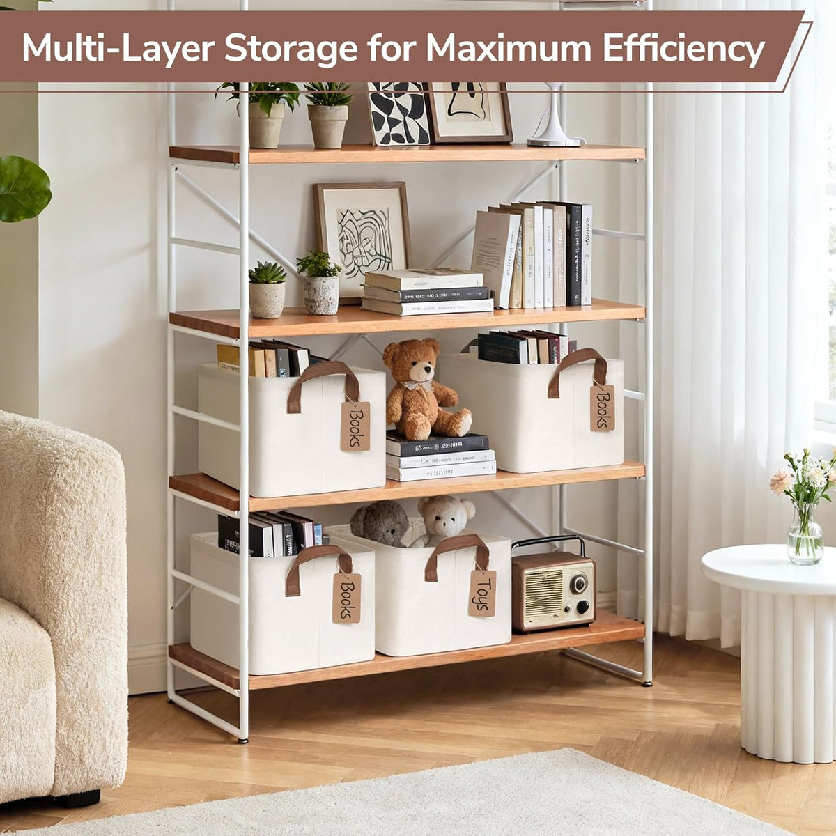 CHICVITA 4 Pack Fabric Storage Bins for Shelves, Metal Frame, 20L Beige