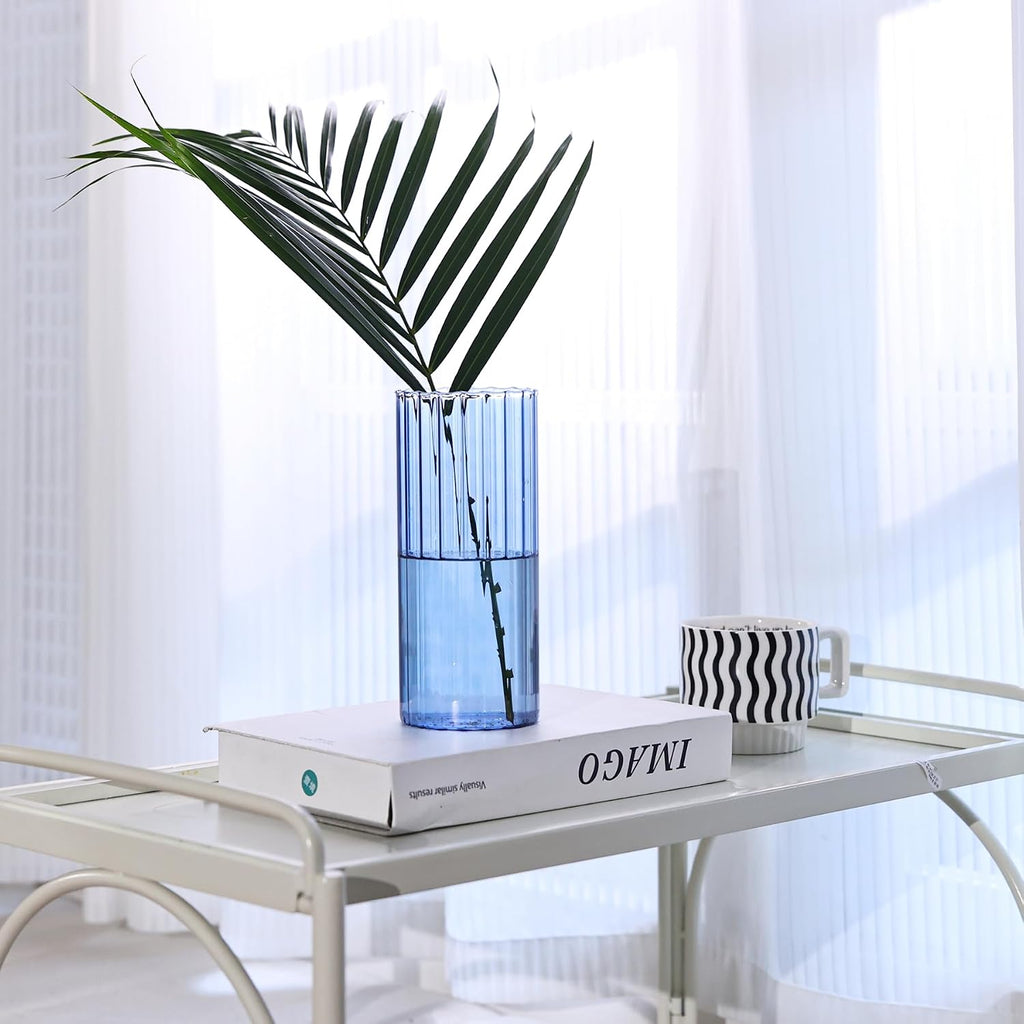 ComSaf Glass Cylinder Vase 8 Inch Tall, Blue Ribbed Decor for Centerpieces