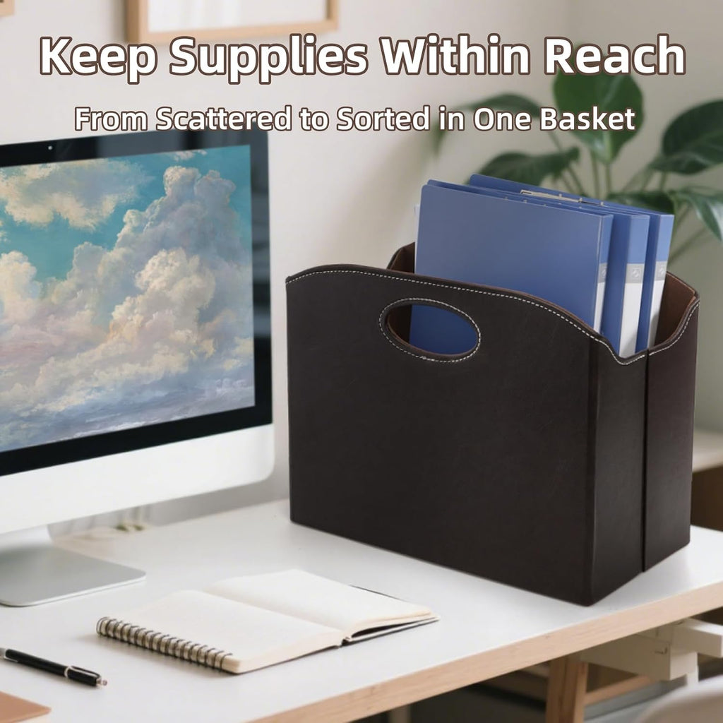 WRINGKIT Leather Magazine File Holder, Foldable Magazine Basket with Handle