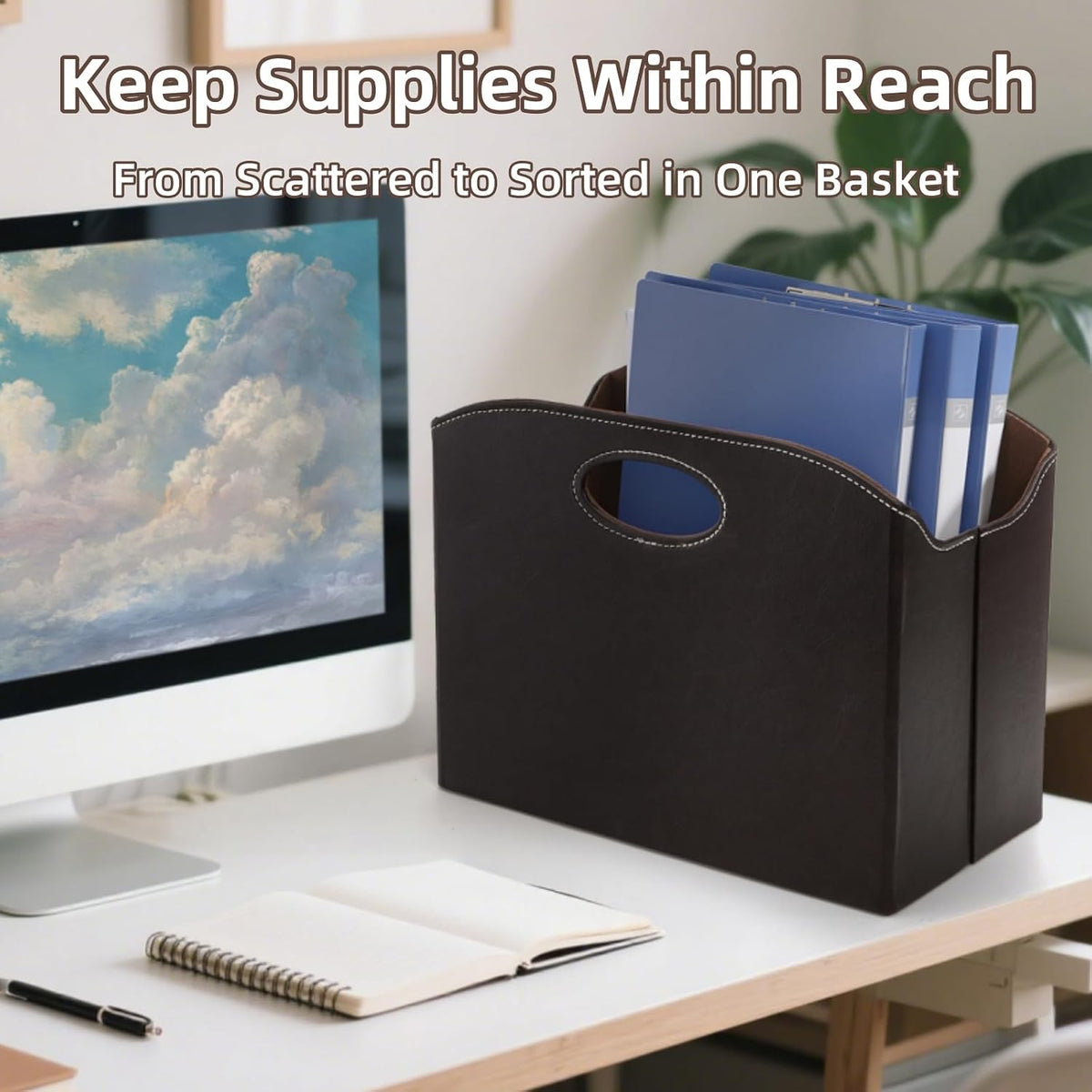 WRINGKIT Leather Magazine File Holder, Foldable Magazine Basket with Handle