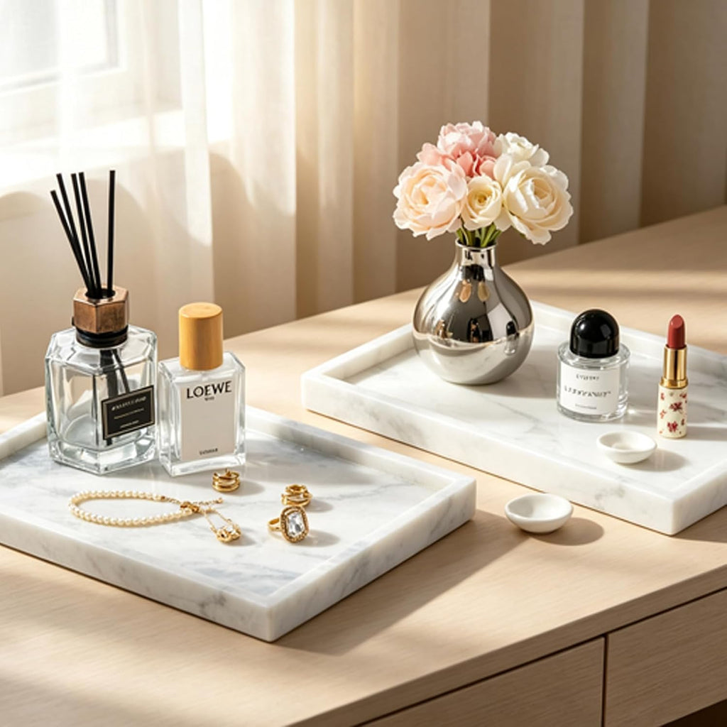 Natural Marble Bathroom Tray, 12"x8" Stone Vanity Decorative Counter Trays