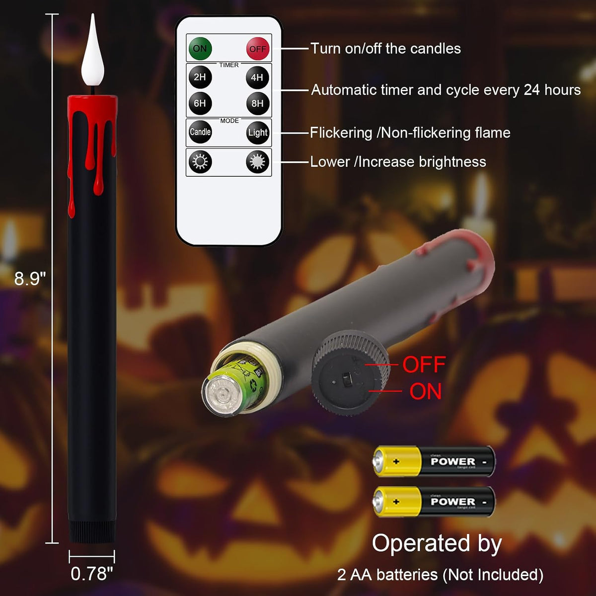 Halloween Black Flameless Taper Candles Battery Operated with Remote Timer
