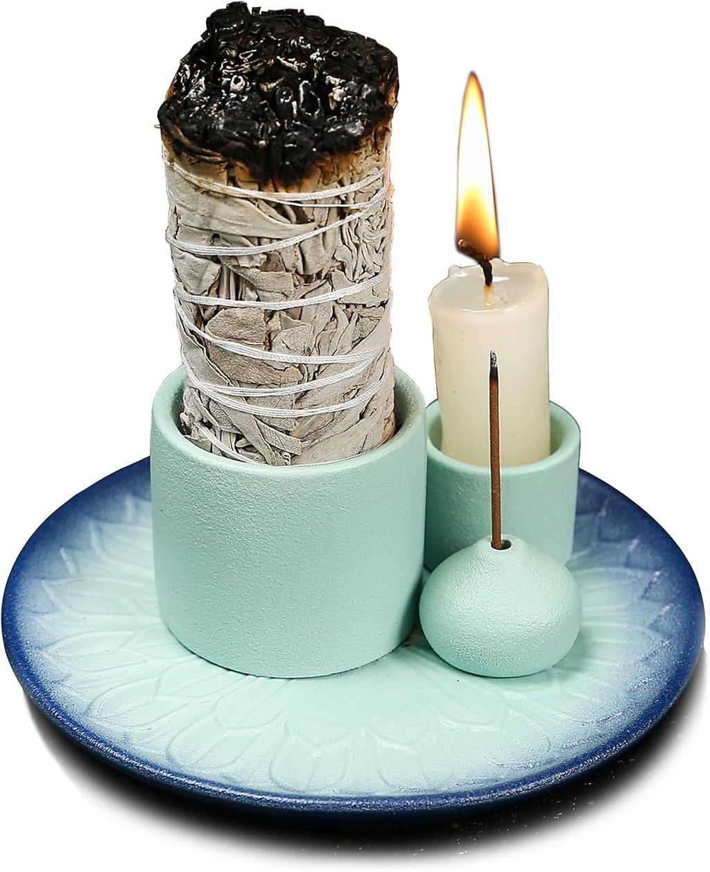 4 in 1 Multifunctional Ceramic Incense and Candle Holder with Ash Catcher Tray Suit for Burning White Sage, Palo Santo Sticks (Sky Blue)