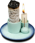 4 in 1 Multifunctional Ceramic Incense and Candle Holder with Ash Catcher Tray Suit for Burning White Sage, Palo Santo Sticks (Sky Blue)