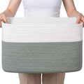 Danpinera 70L Large Woven Blanket Basket for Living Room White & Sage Green