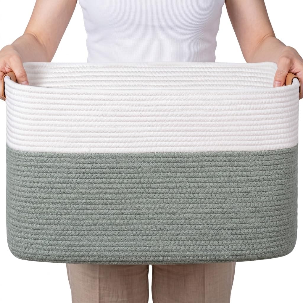 Danpinera 70L Large Woven Blanket Basket for Living Room White & Sage Green