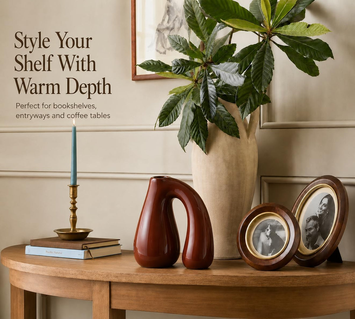 Brown Ceramic Vase for Pampas, Boho Shelf & Table Decor