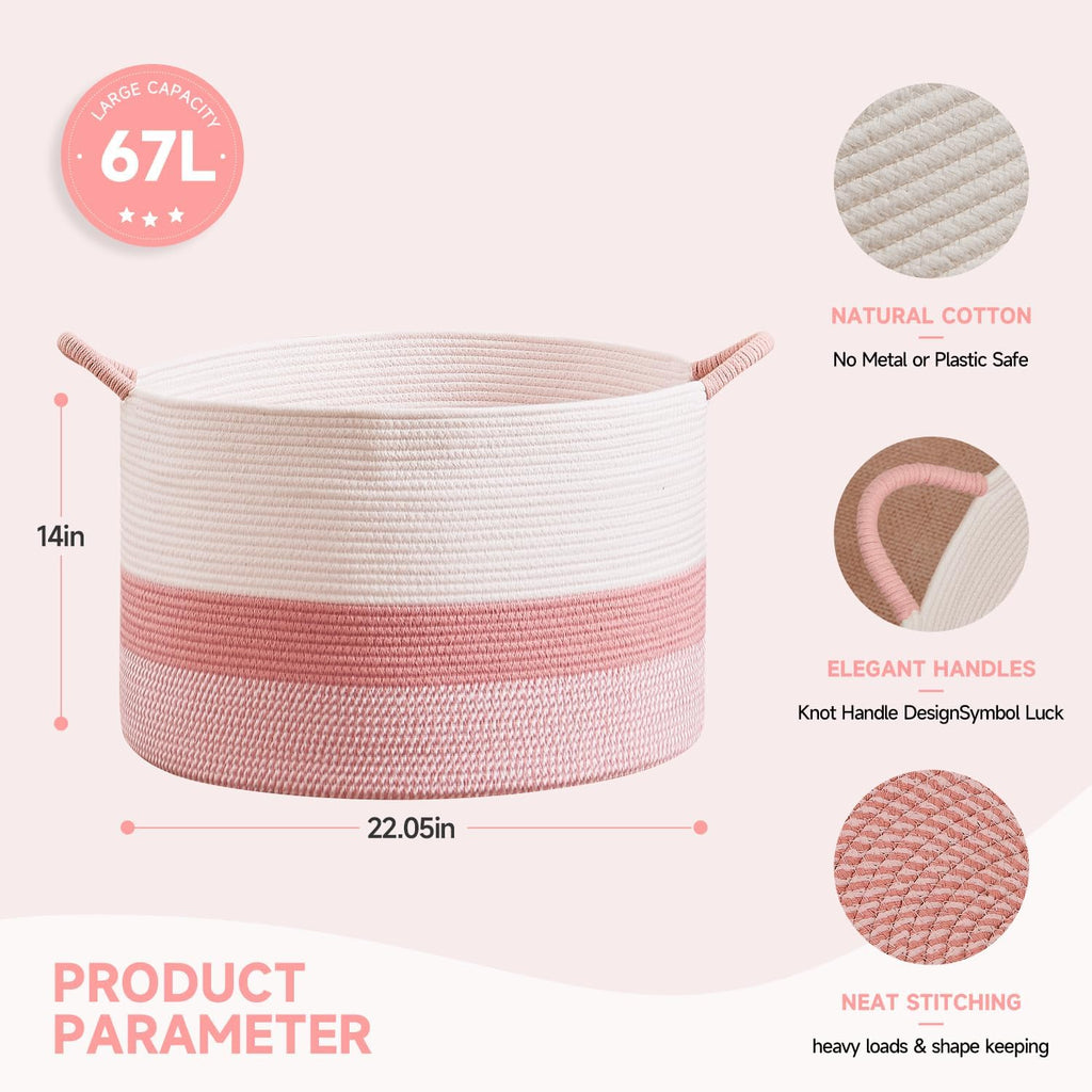 CLHMILY&Z Large Cute Pink Basket - 20x13 Inches - Blanket Hamper for Living Room, Round Storage Bin, XLarge Laundry Organizer for Clothes, for Tree Plant, Mix Brown