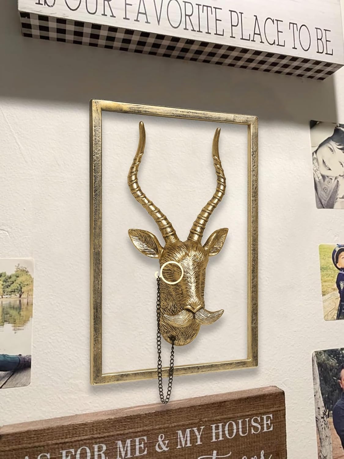 Newinhome Animal Heads Wall Decor (Includes Metal Frame) Resin Animals Sculptures Head Wall Hanging Decoration Gold vintage Wall Sculpture for Living Room Bedroom Office(Antelope)