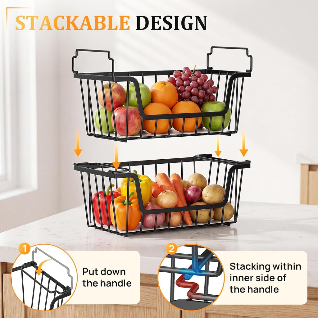 SUNALLY Stackable Storage Bins 4 Pcs Wire Baskets Freezer Organizer, Black
