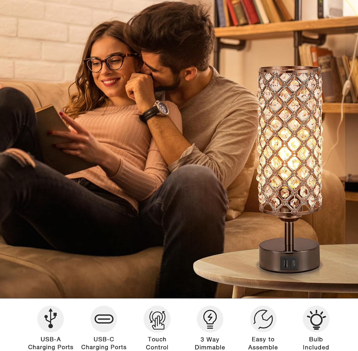 Black Crystal Touch Lamp with USB-C/A, 3-Dim Dimmable for Bedroom, Modern