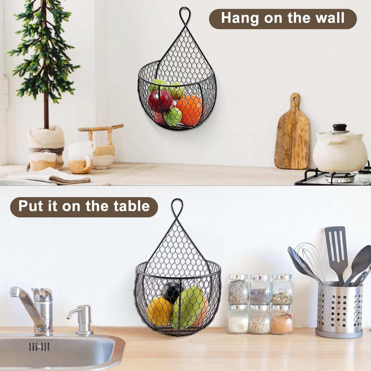 ERYTLLY Metal Fruit And Vegetable Storage Hanging Basket Wall Mounted, For Kitchen Black Wire Baskets for Flowers, Fruits and Veggies, - Set of 2