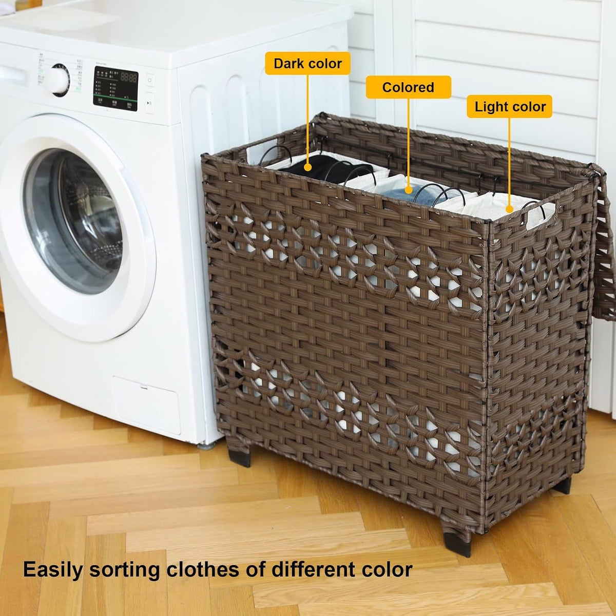 OIAHOMY Laundry Hamper with Lid, 140L Clothes Hamper with 3 Removable Liner Bags, Foldable Basket with Lid, Synthetic Wicker Laundry Basket for Bedroom, 27x 13 x 26 Inches, Brown