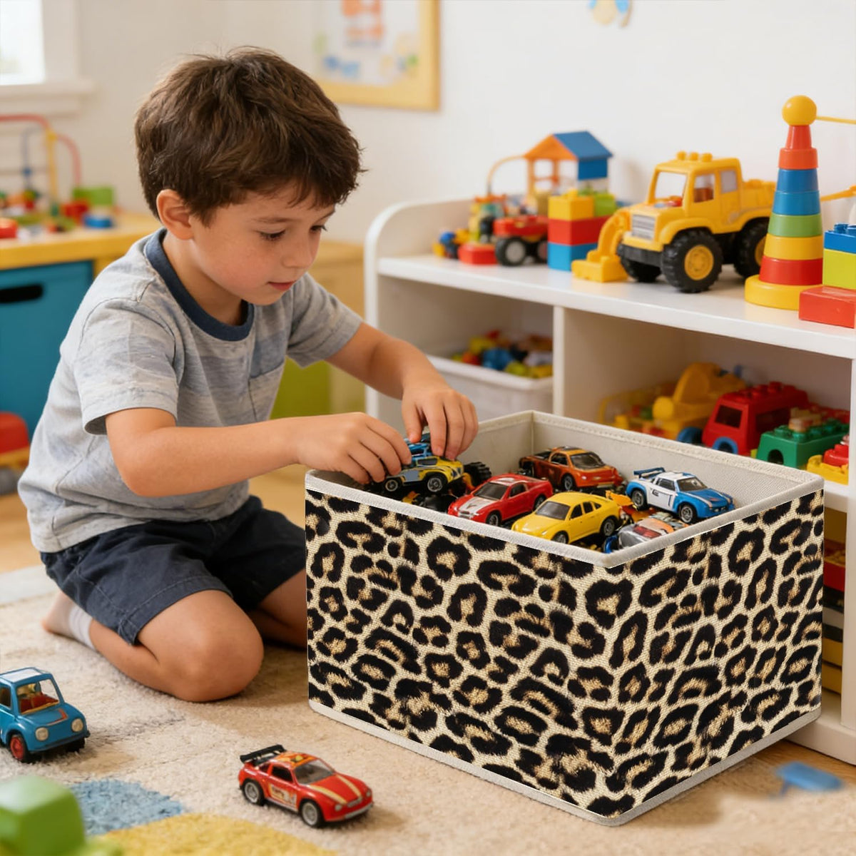 Trendy Leopard Cheetah Print Storage Bins, Funky Girly Y2K Wild Animal Cheetah Print Foldable Closet Organizers Storage Basket Toybox for Girls Room Bedroom Bathroom Clothes Toys Books