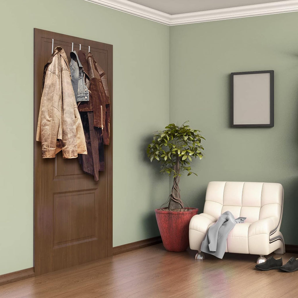 4 Pack Over The Door Hooks - Fitting Door Width Between 1 3/8" and 1 3/4", Reversible Door Hangers for Hanging Clothes, Towels, Coats and More (White)
