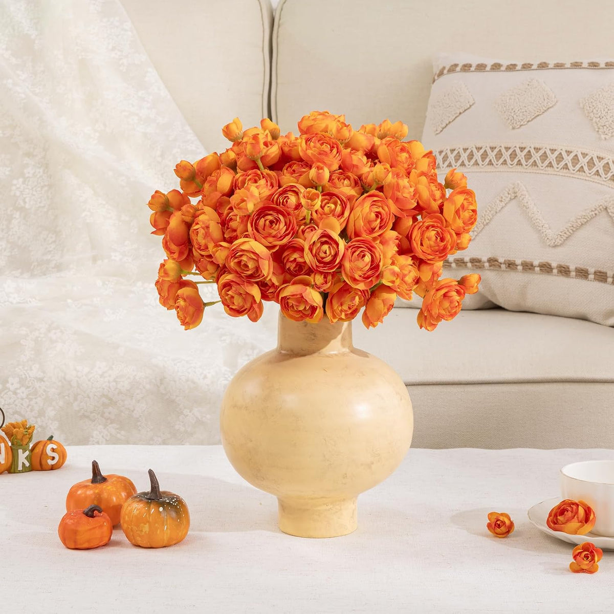 U'Artlines Mini Ranunculus Artificial Flowers Bouquet 20 PCS Citrus Orange