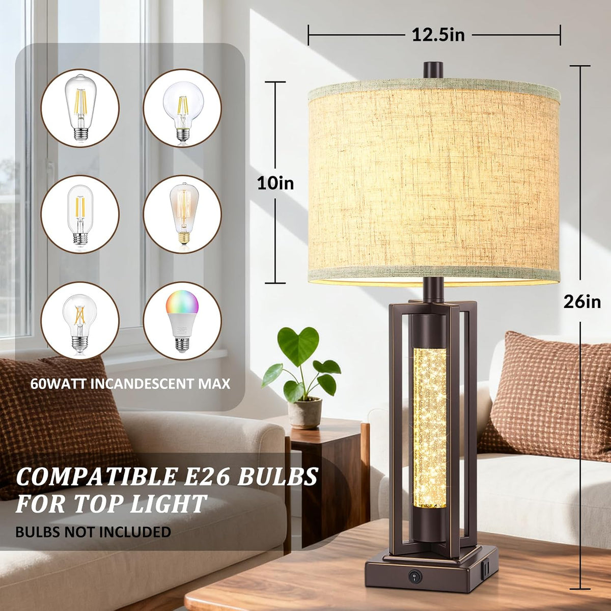 TOBUSA 26" Brown Farmhouse Table Lamps Set of 2 with Crystal Night Light