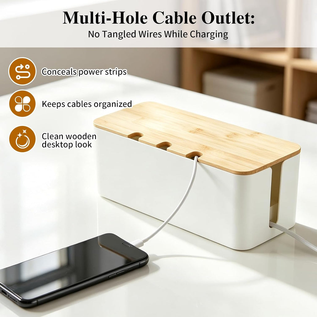 2Pack Cable Management Box,Wooden Style Cord Organizer Cord Hide Box,White