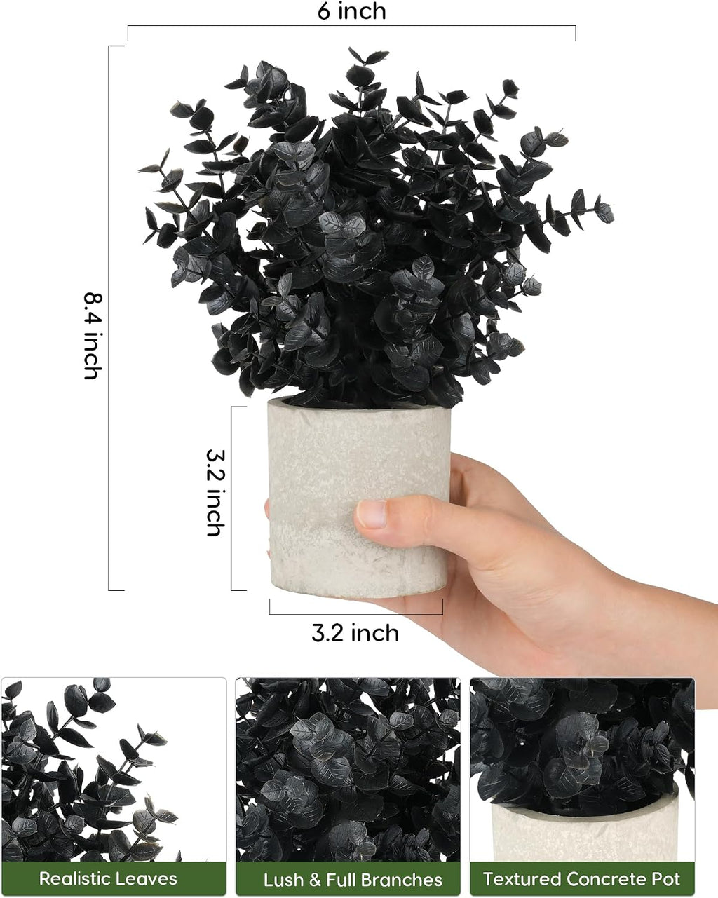 Velener 2 PCS Small Fake Eucalyptus Plant Halloween Artificial Potted Plants Indoor for Christmas Decor Indoor Realistic Faux Plant for Office, Bathroom, Living Room, Desk, Shelf, Home Decor (Black)