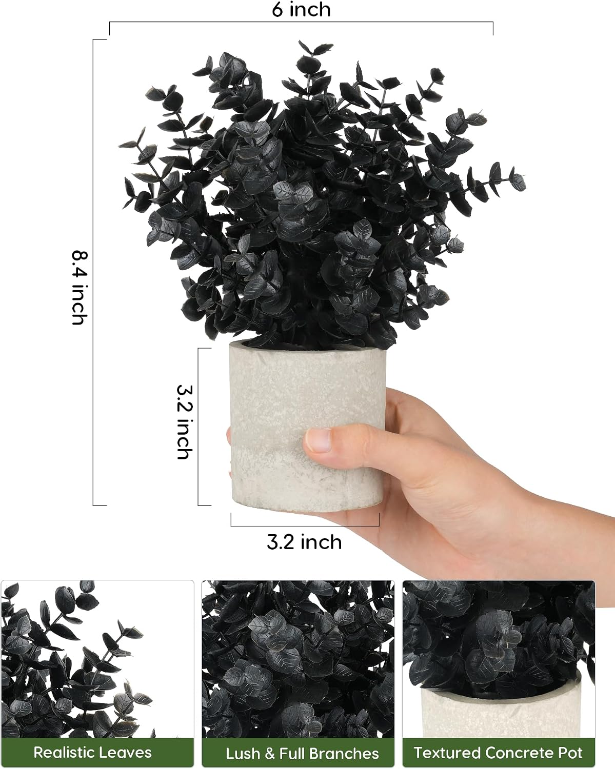 Velener 2 PCS Small Fake Eucalyptus Plant Halloween Artificial Potted Plants Indoor for Christmas Decor Indoor Realistic Faux Plant for Office, Bathroom, Living Room, Desk, Shelf, Home Decor (Black)