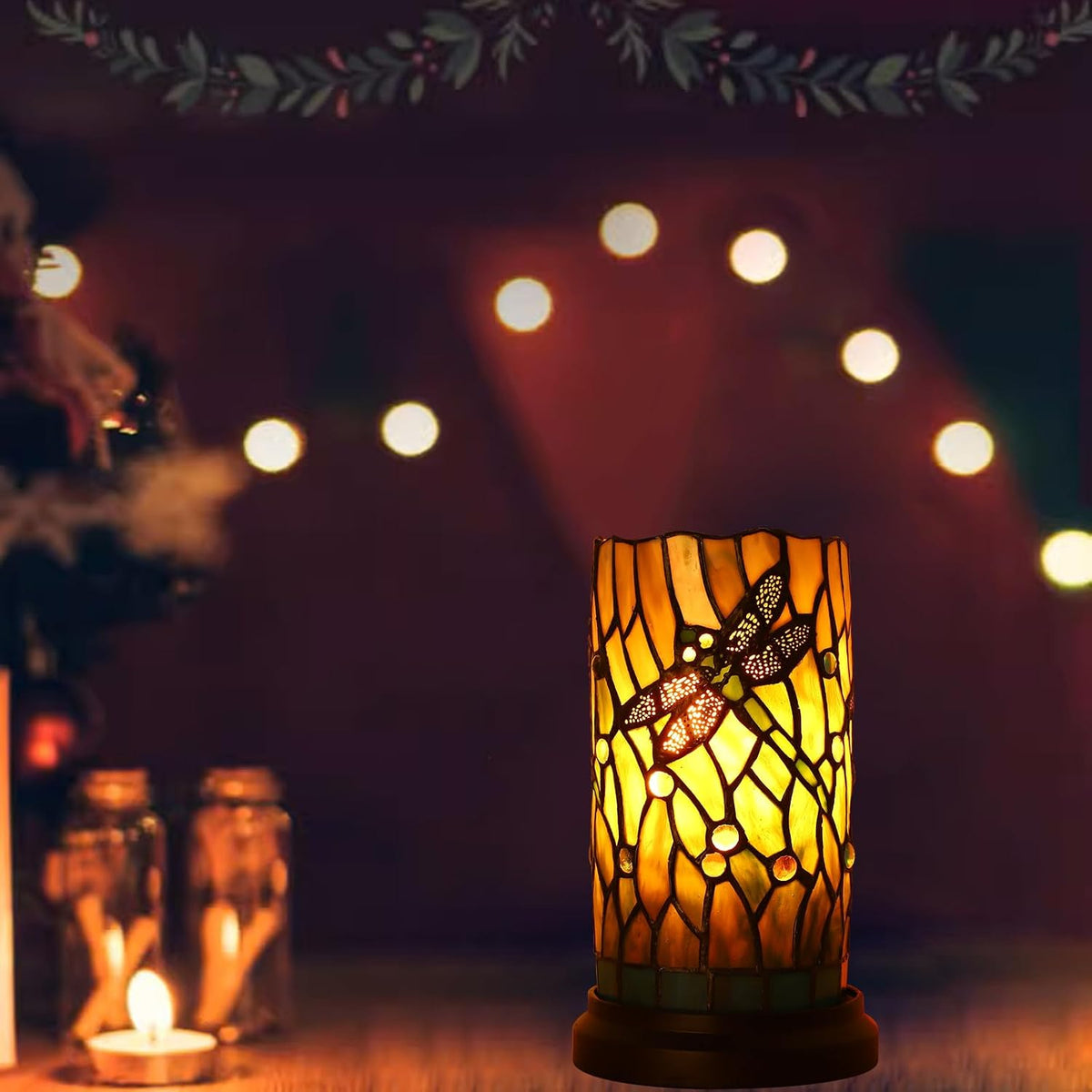 Tiffany Style Table Lamp for Bedroom Baroque Stained Glass Nightstand Bedside Night Lamp Party Light Hand-Made Art Home Deco Christmas Gifts W/ 2 LED Bulbs (3 Color Temperatures+Flame Bulb)