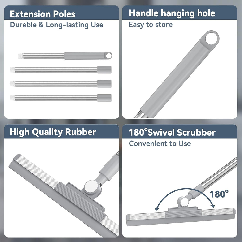 Floor Squeegee with 180° Rotating Head, Squeegee for Floor with 52'' Long Handle, Squeegee Broom, Squeegee for Window Cleaning, Bathroom Tile, Garage Concrete, Deck, Shower Glass (Silver)