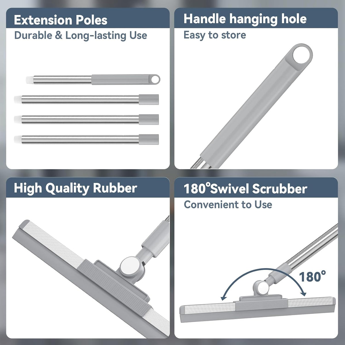 Floor Squeegee with 180° Rotating Head, Squeegee for Floor with 52'' Long Handle, Squeegee Broom, Squeegee for Window Cleaning, Bathroom Tile, Garage Concrete, Deck, Shower Glass (Silver)