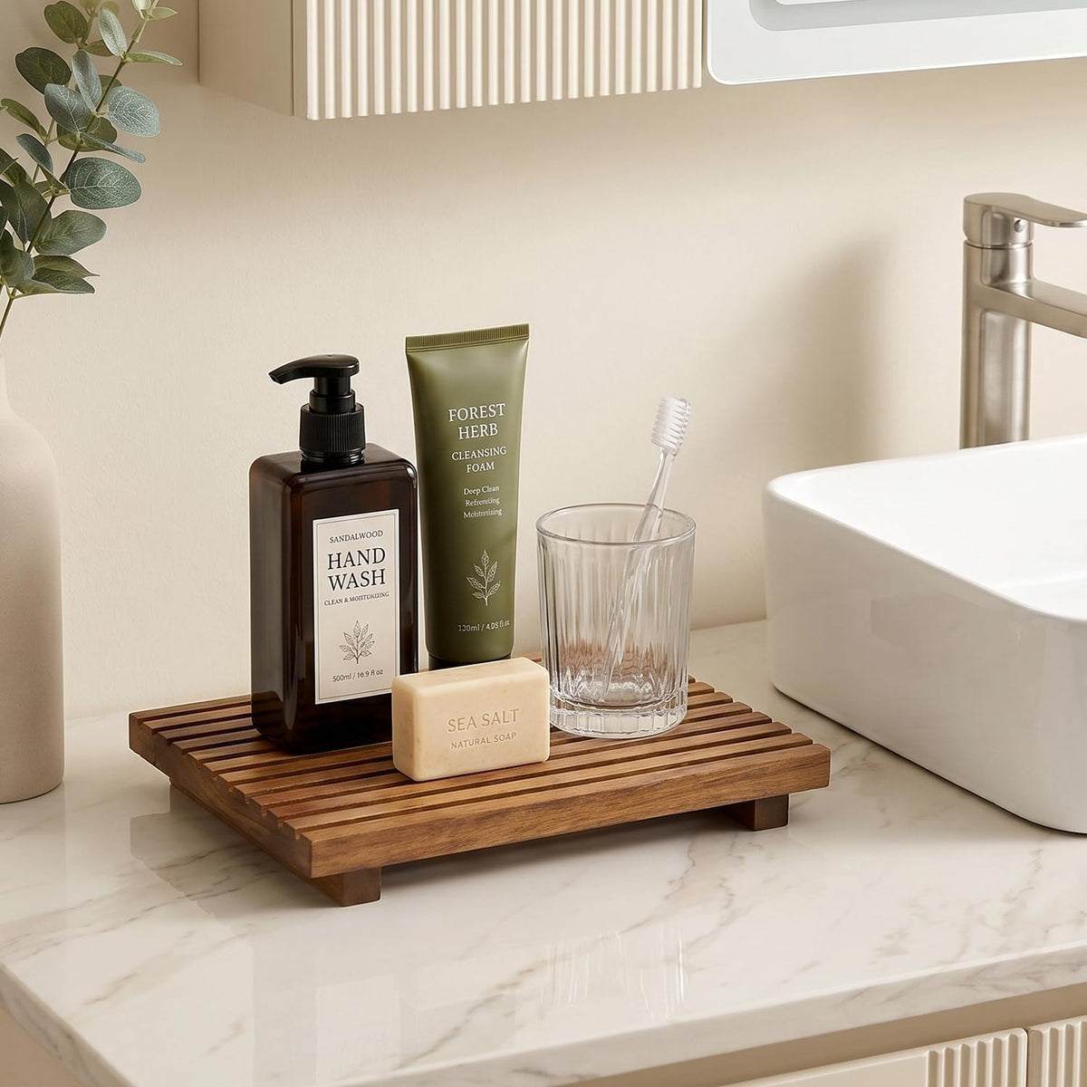 Acacia Wood Pedestal Stand Bathroom Tray Organizer Kitchen Counter Decor