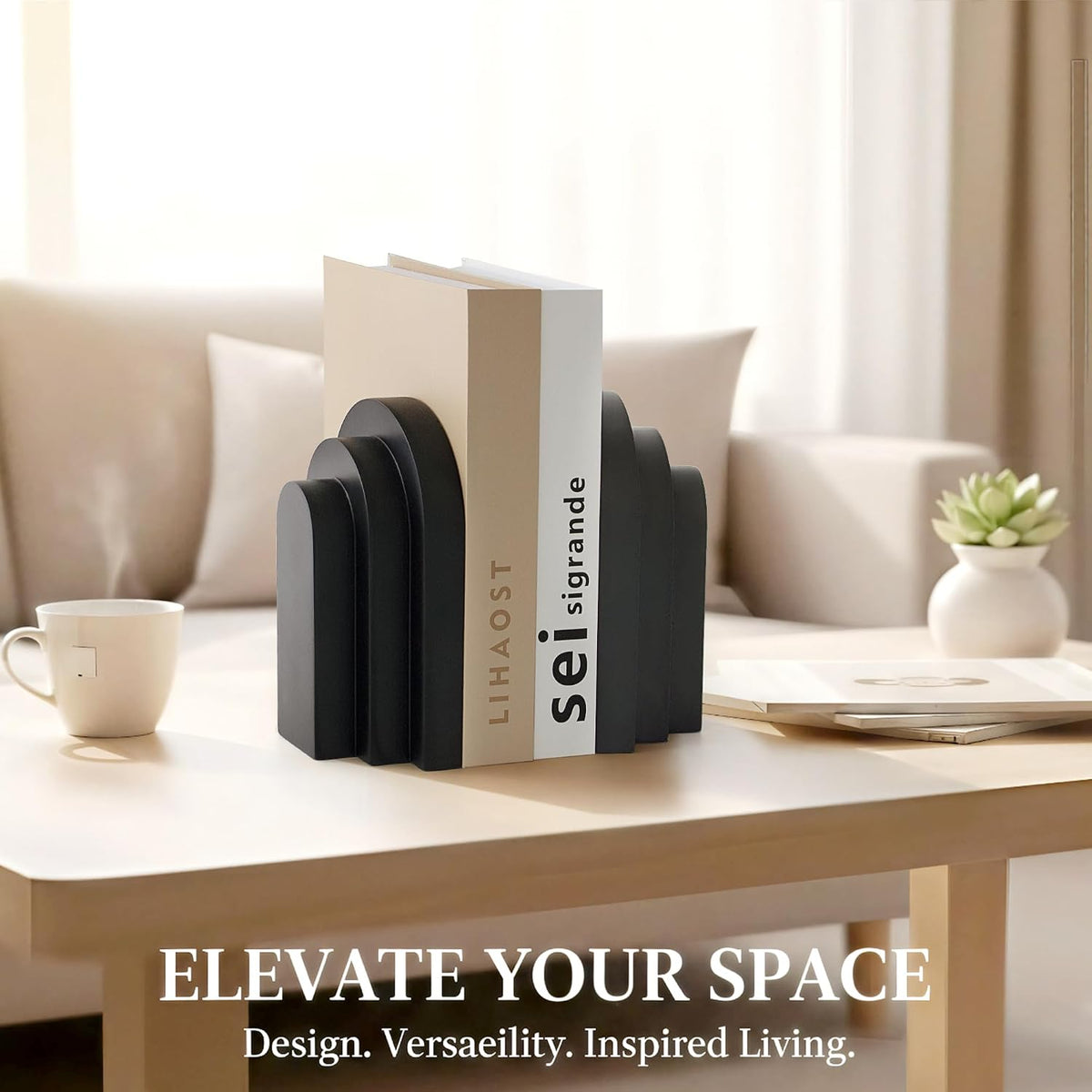 LIN CHUAN Heavy Duty Bookends for Shelves, Set of 2, Matte Black