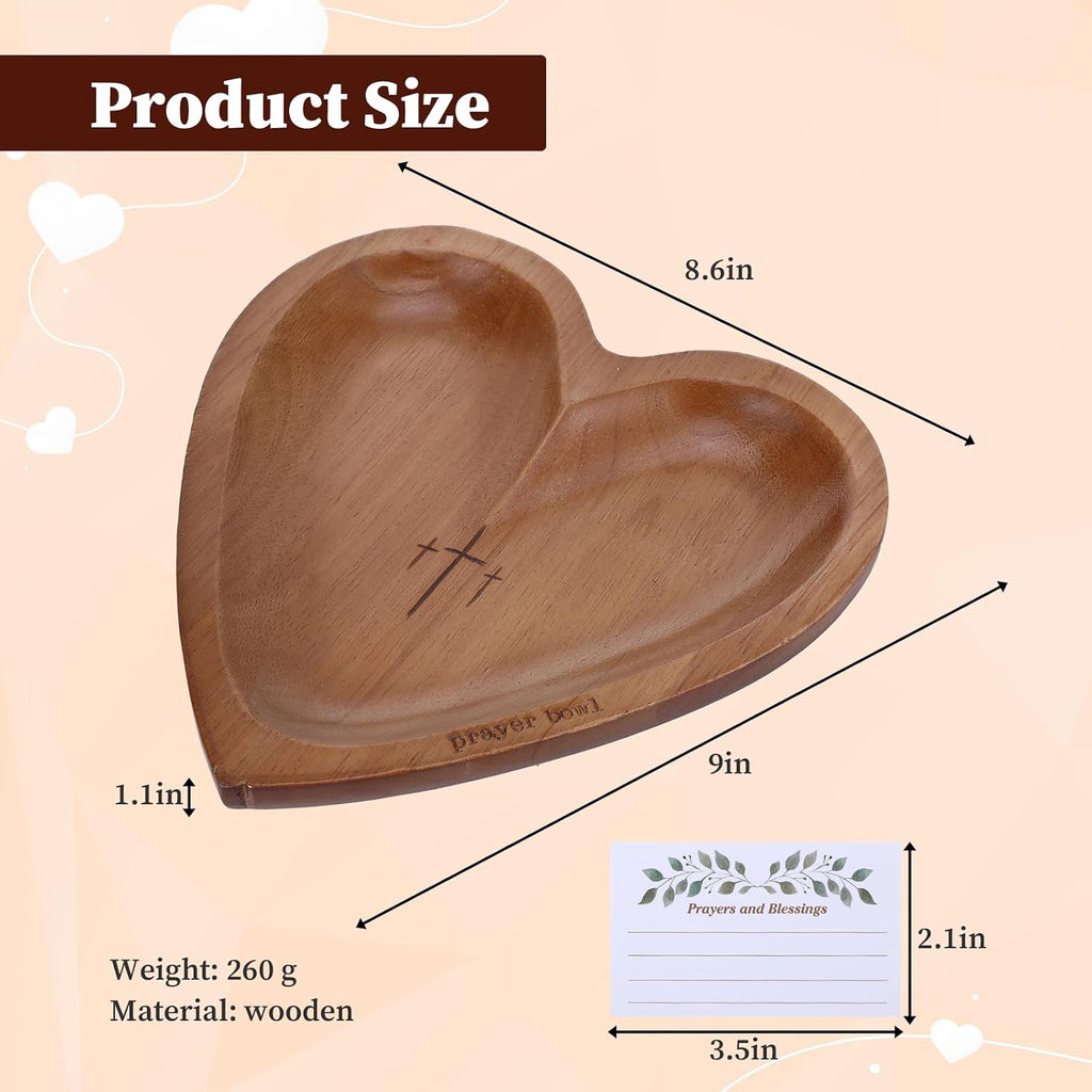 Heart Prayer Bowl with Cross, Dough Wooden Prayer Bowl with Engraved Cross and 24 Cards, Religious Christian Gifts for Women Devotional Prayer Gifts Prayer Room Decor