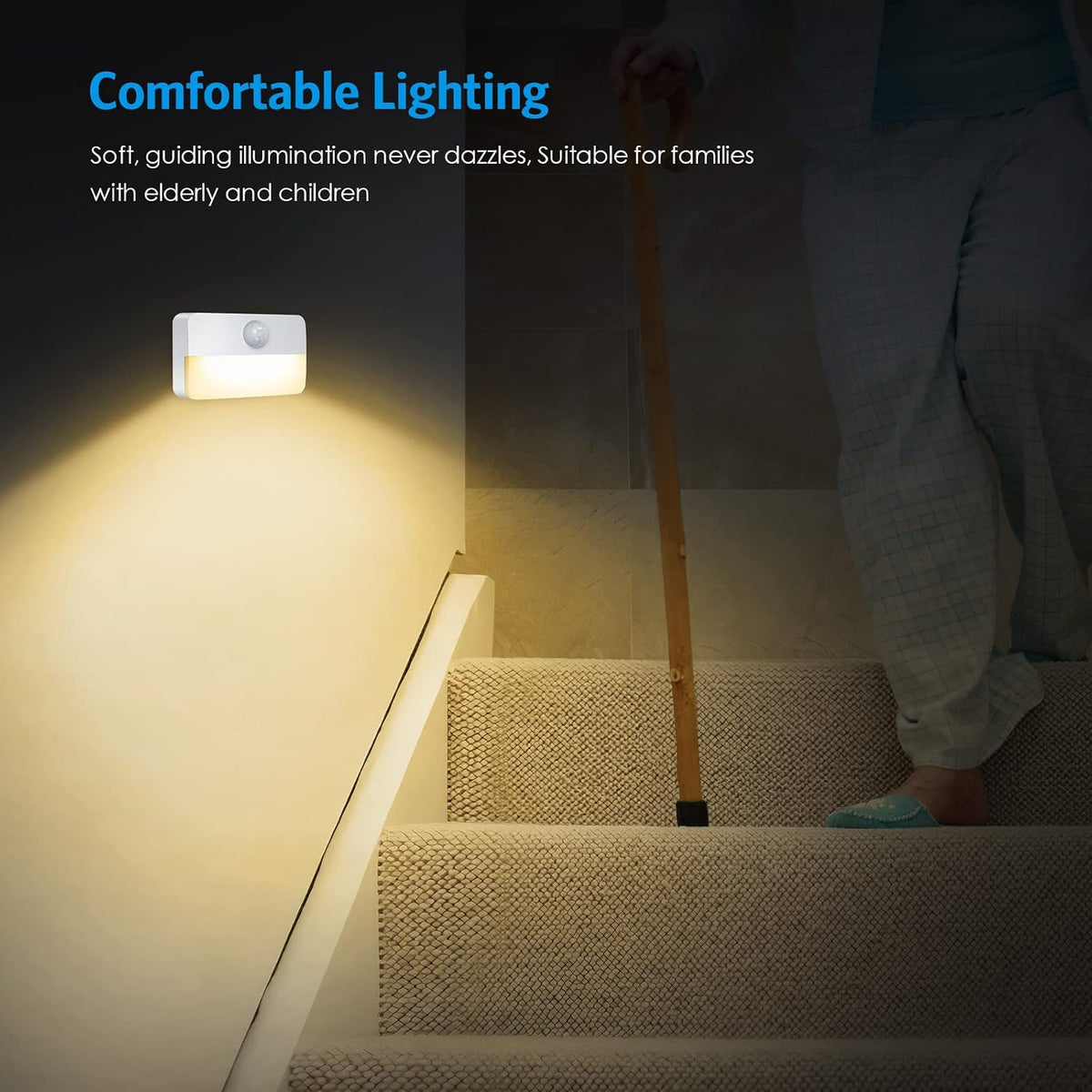 AMIR 2 Pack Mini Motion Sensor Stair Light for Indoor, Battery-Powered LED Night Light, 40 Lumen 3000K, Cordless Closet Lights, Safe Lights for Stairs, Hallway, Bathroom, Kitchen, Cabinet