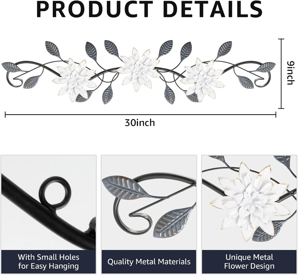 KHJCXS Metal Wall Art Modern Minimalist Metal Flowers Indoor Decor Horizontal Wall Art Iron Artwork,for Over Door,Bedroom,Living Room,Kitchen,Office Scroll Decor (White2)