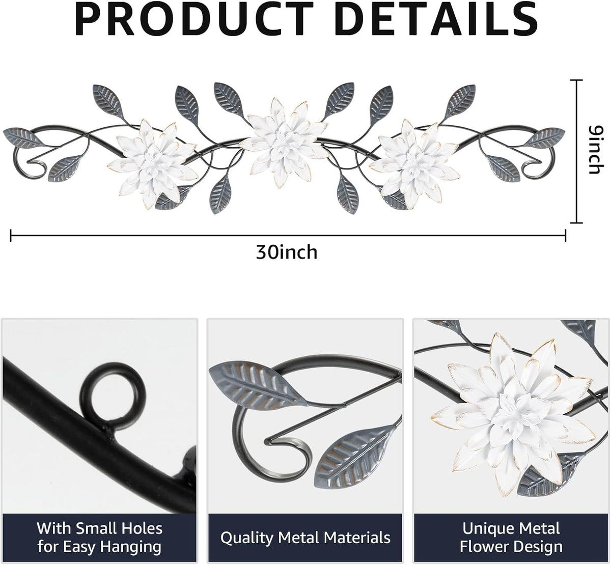 KHJCXS Metal Wall Art Modern Minimalist Metal Flowers Indoor Decor Horizontal Wall Art Iron Artwork,for Over Door,Bedroom,Living Room,Kitchen,Office Scroll Decor (White2)